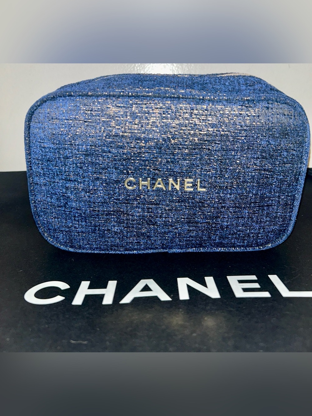 Chanel 2023 Holiday Limited Edition Navy Sparkle Makeup Pouch with Makeup